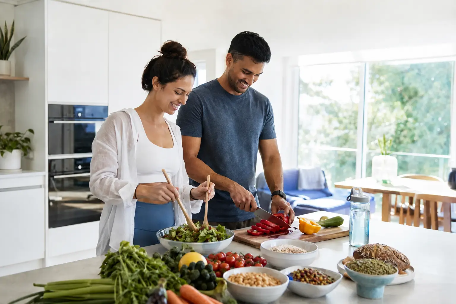 Adults preparing a colourful high-fibre meal as part of a healthy lifestyle