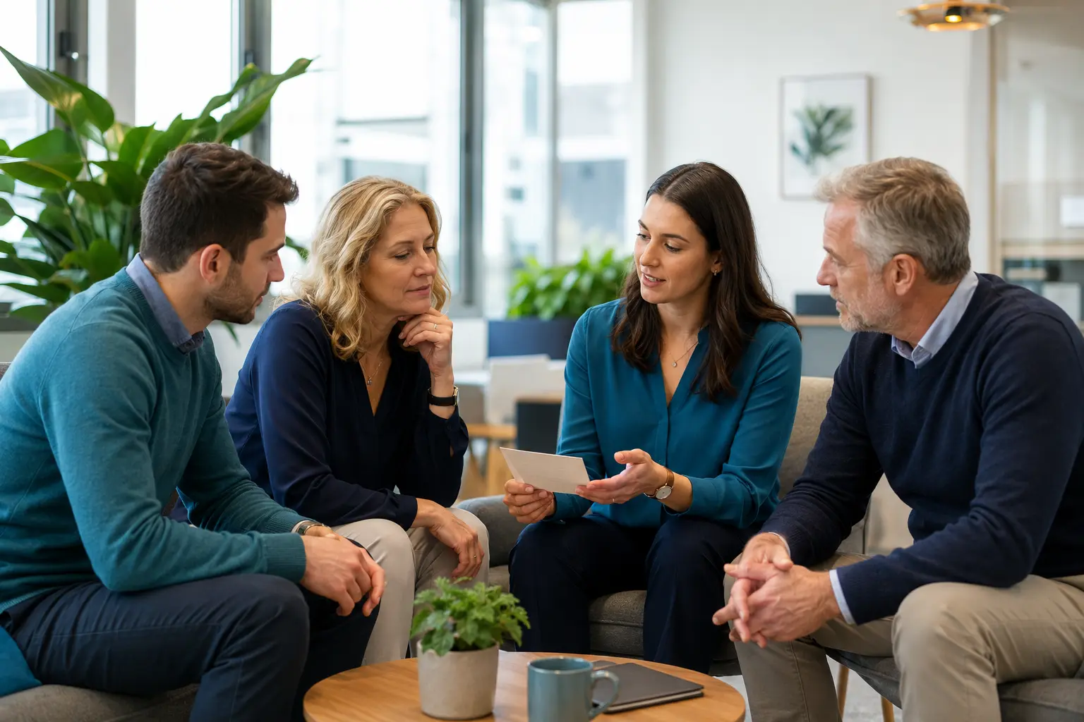A workplace wellbeing coordinator speaking with a group of employees