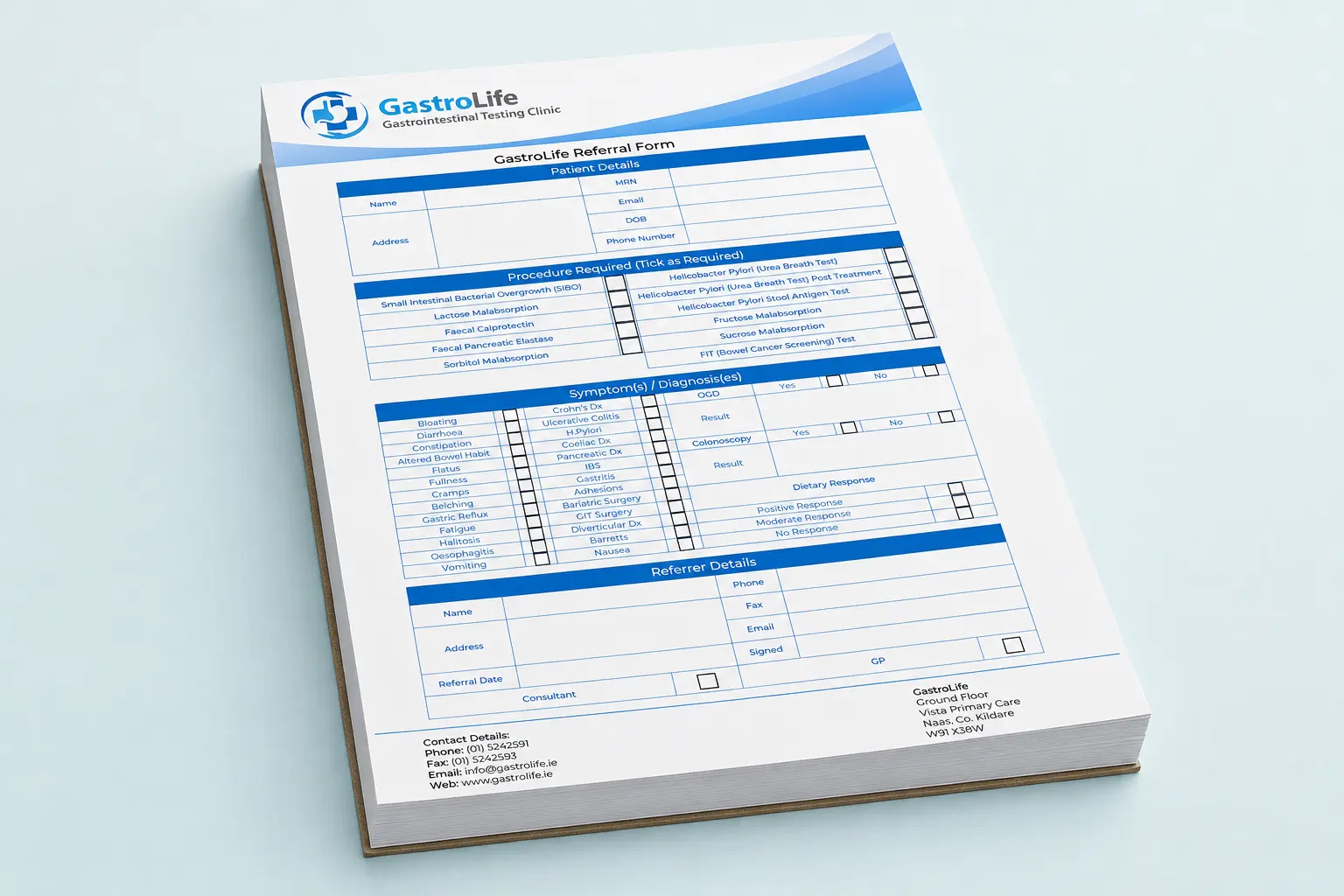 GastroLife referral pad containing 100 forms with a cardboard backing
