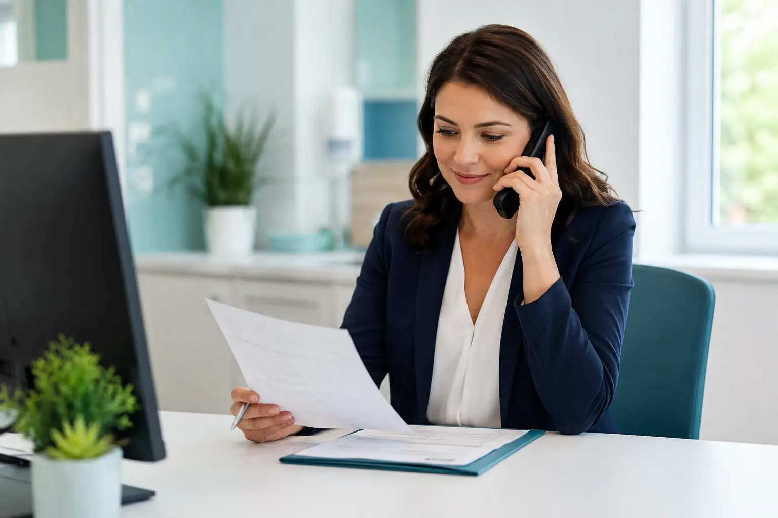 Clinic coordinator assisting with a healthcare referral by telephone