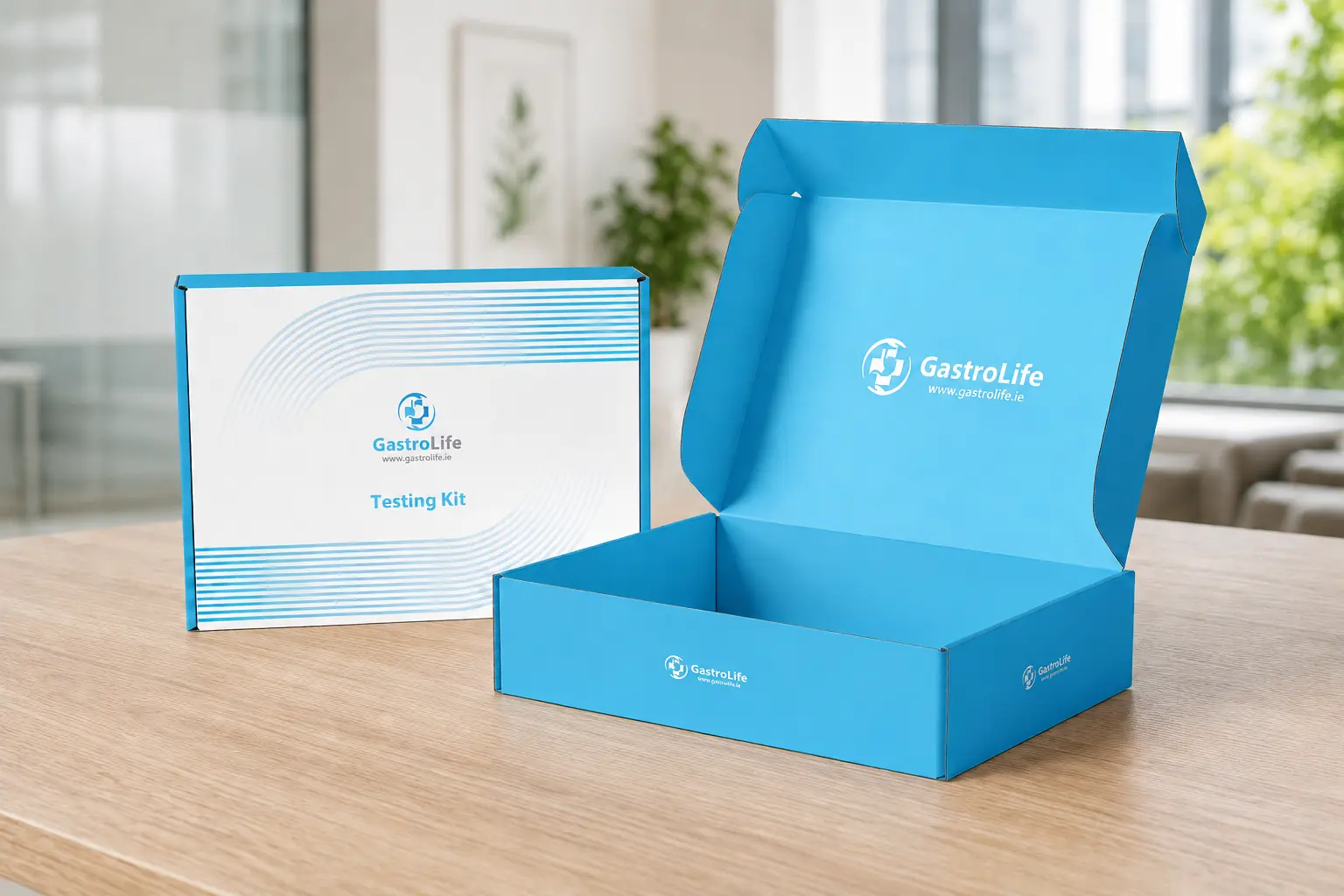GastroLife home testing kit boxes displayed on a light oak table