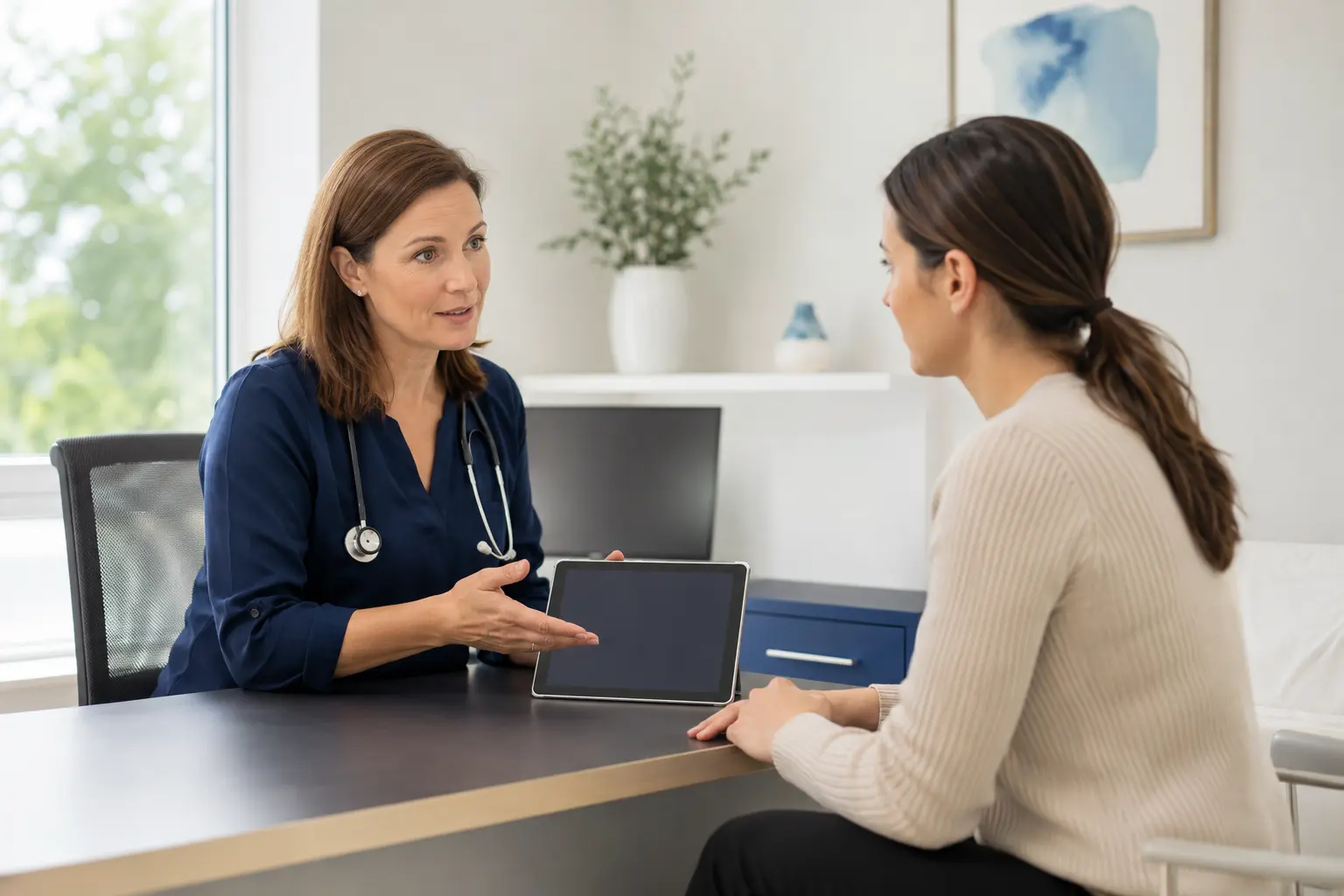 Patient discussing persistent digestive symptoms with a GP