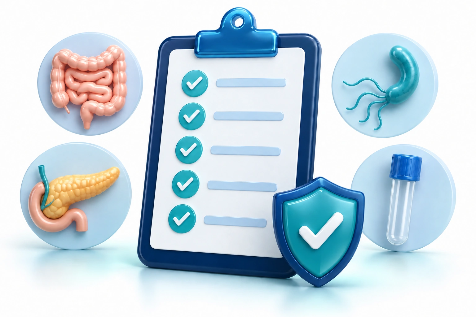 Five-test checklist with digestive health symbols and a sample tube