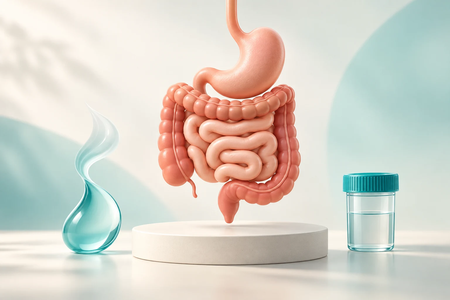 3D illustration of the digestive system with breath and stool testing symbols