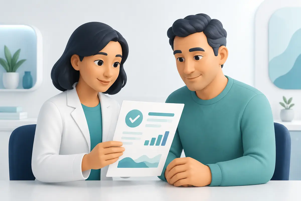 Patient and healthcare professional reviewing a test report