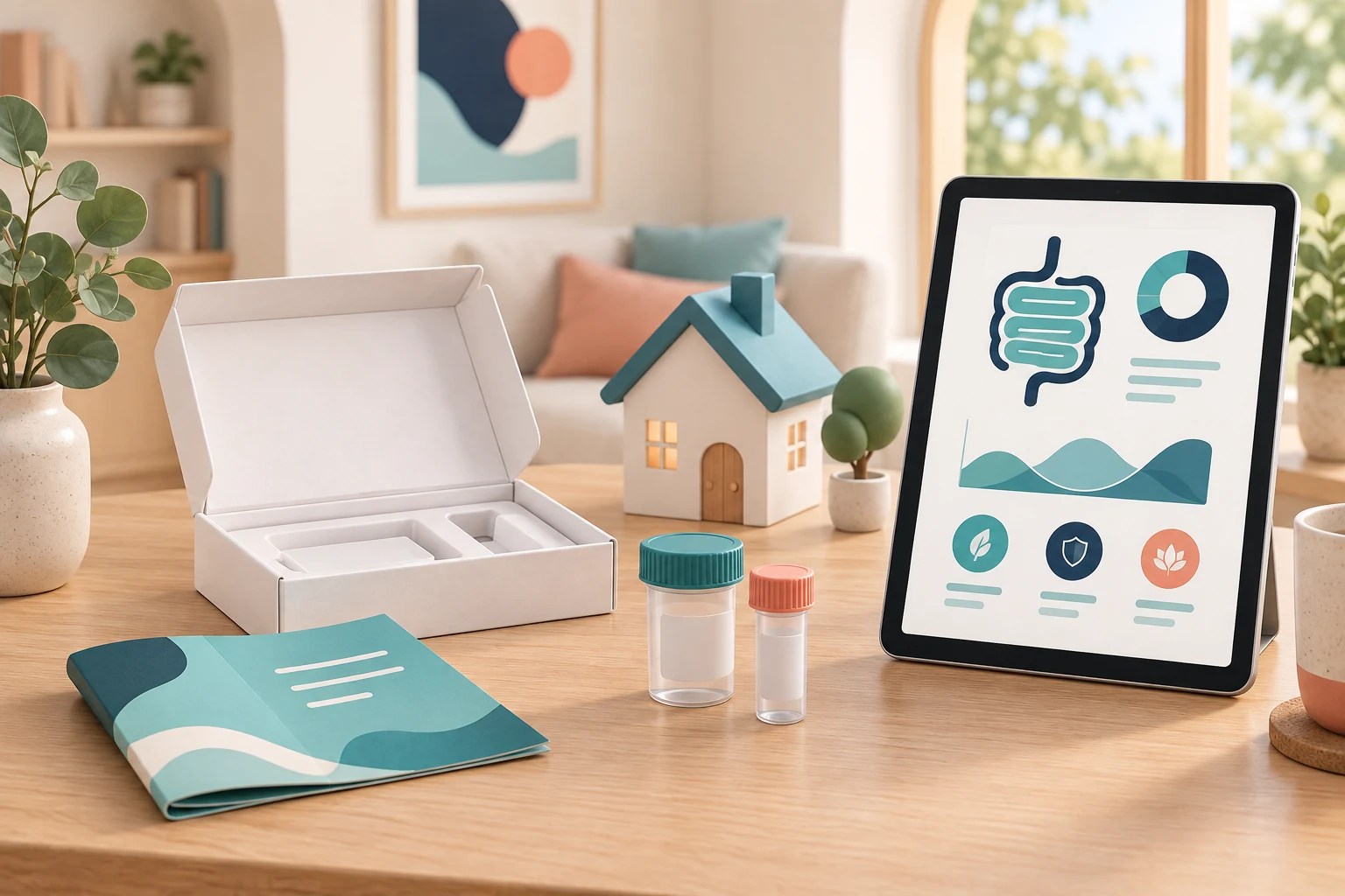Illustration of home sample collection materials and a digital report; illustrative equipment
