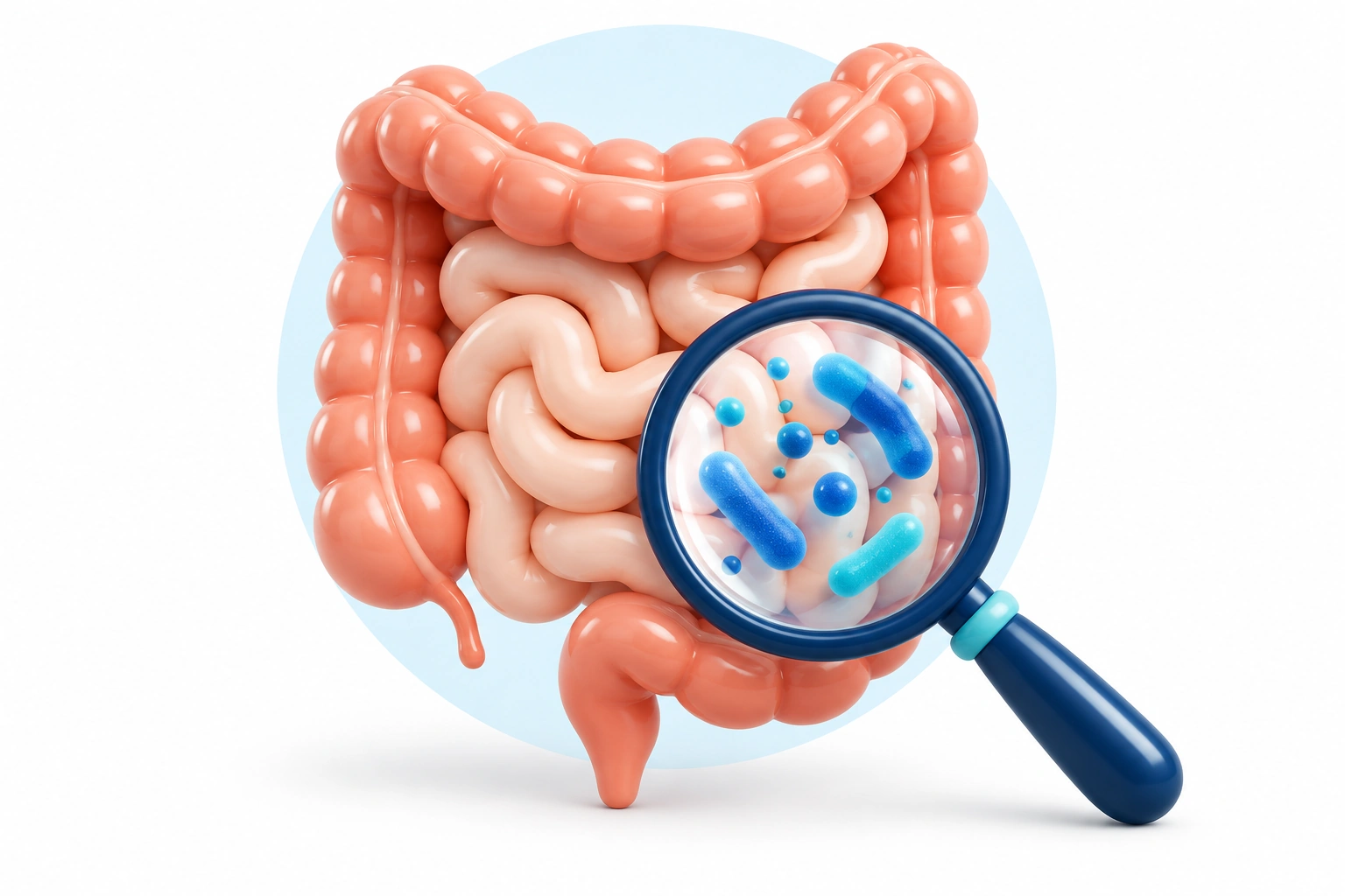 Illustration of intestines and a magnifying glass showing bacteria