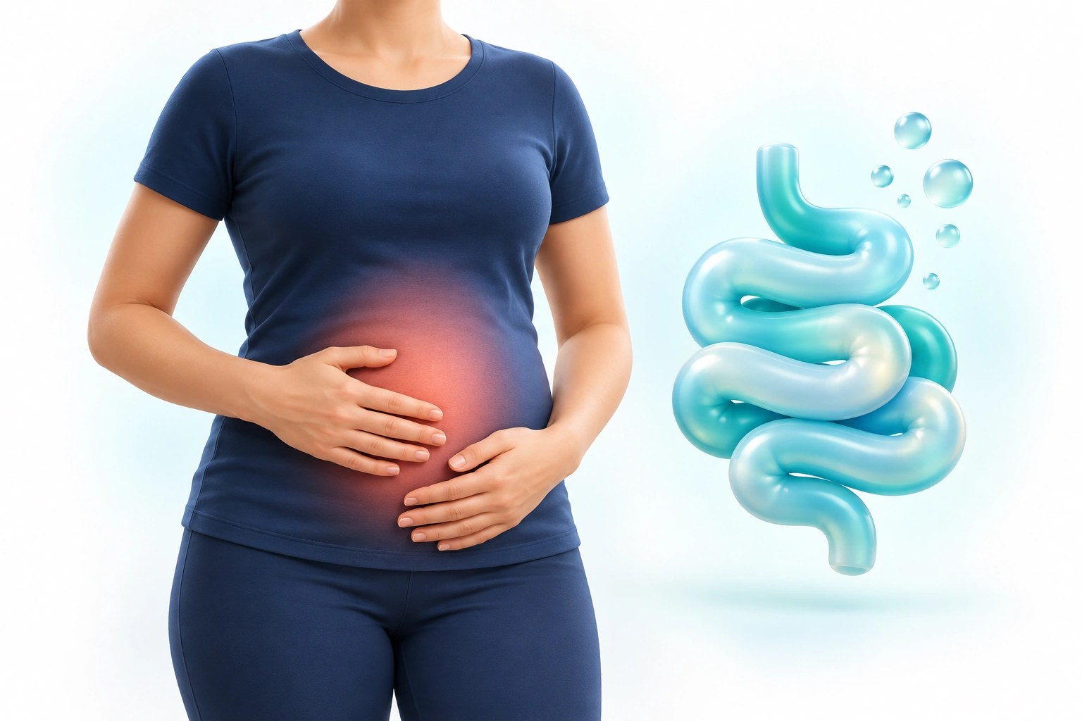 Illustration of abdominal discomfort with a stylised intestine and gas bubbles