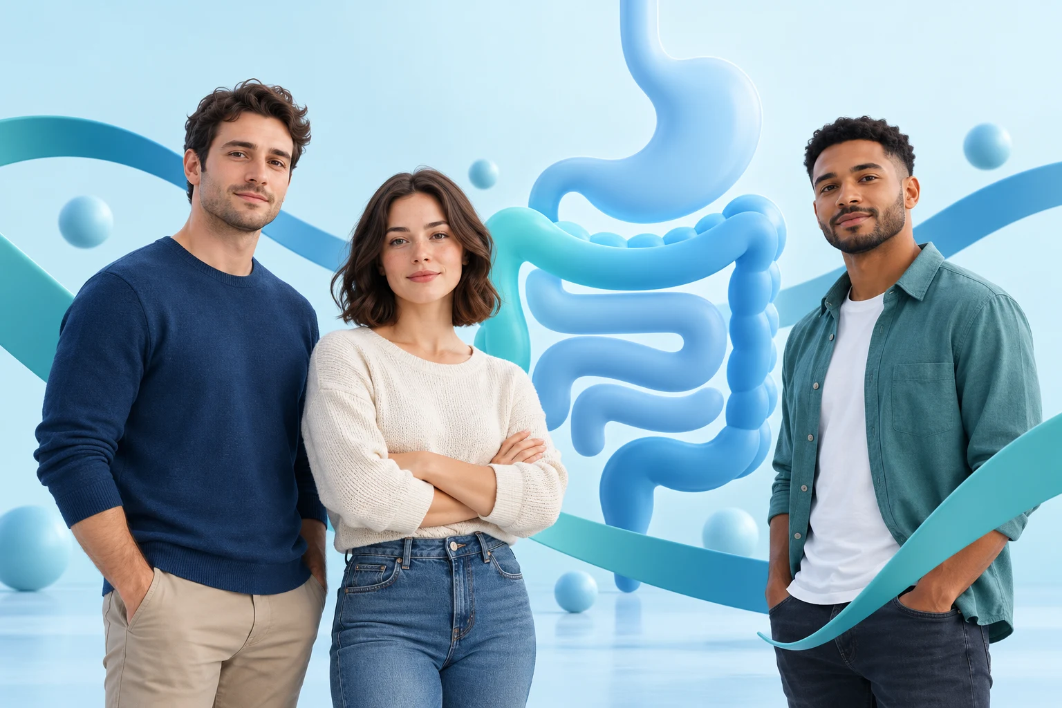 Three younger adults beside an abstract blue digestive health motif