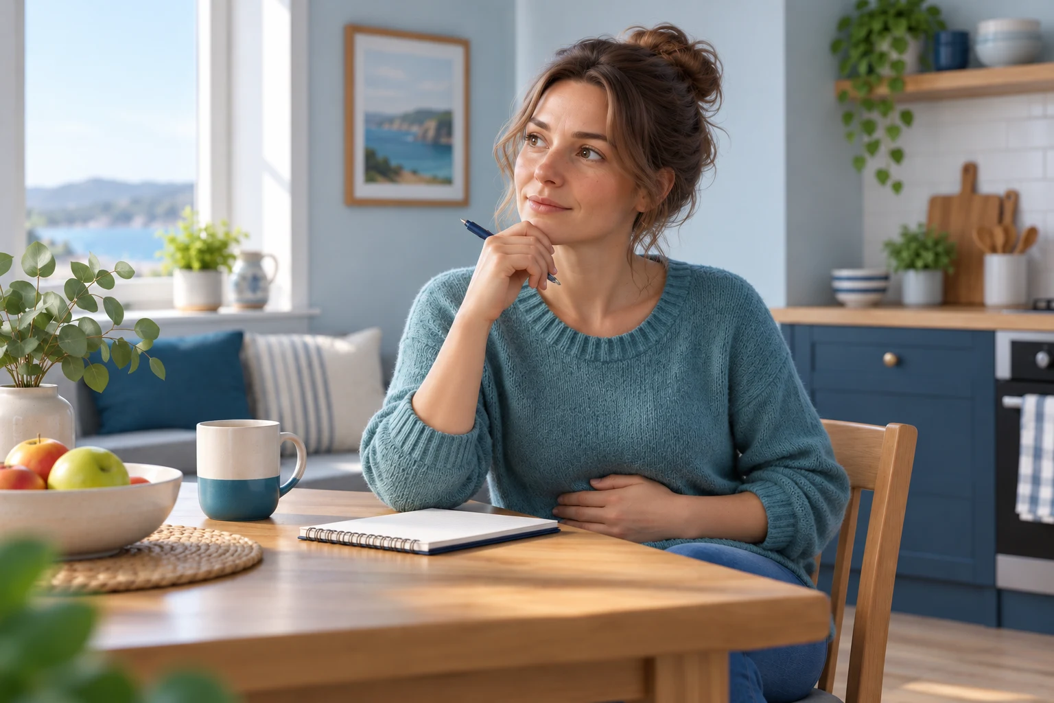 A younger woman noting abdominal symptoms in a notebook at home