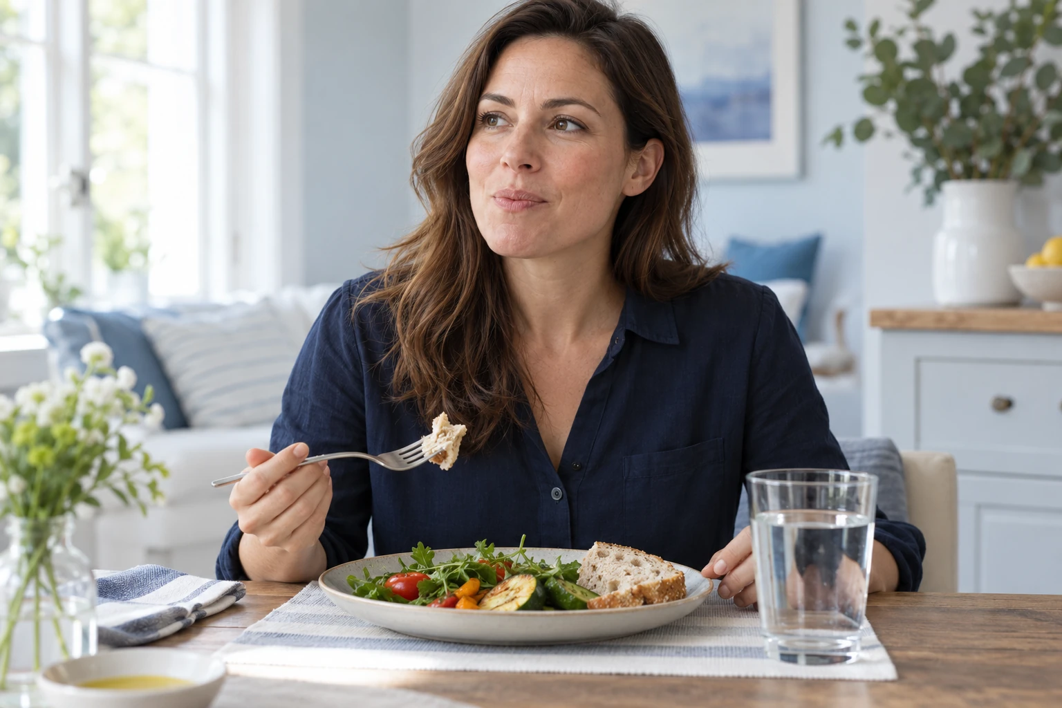 A woman chewing food at a table with a glass of water.