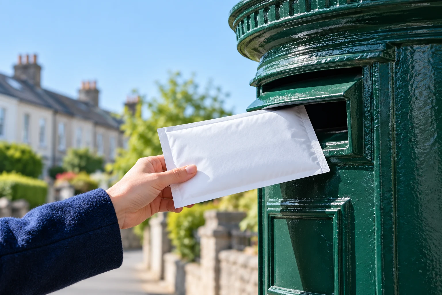 A hand holding a sealed return envelope beside a green Irish postbox