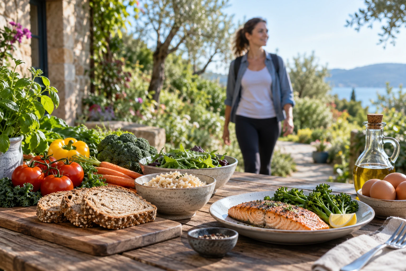 Balanced foods on a table with an adult walking outdoors in the background.