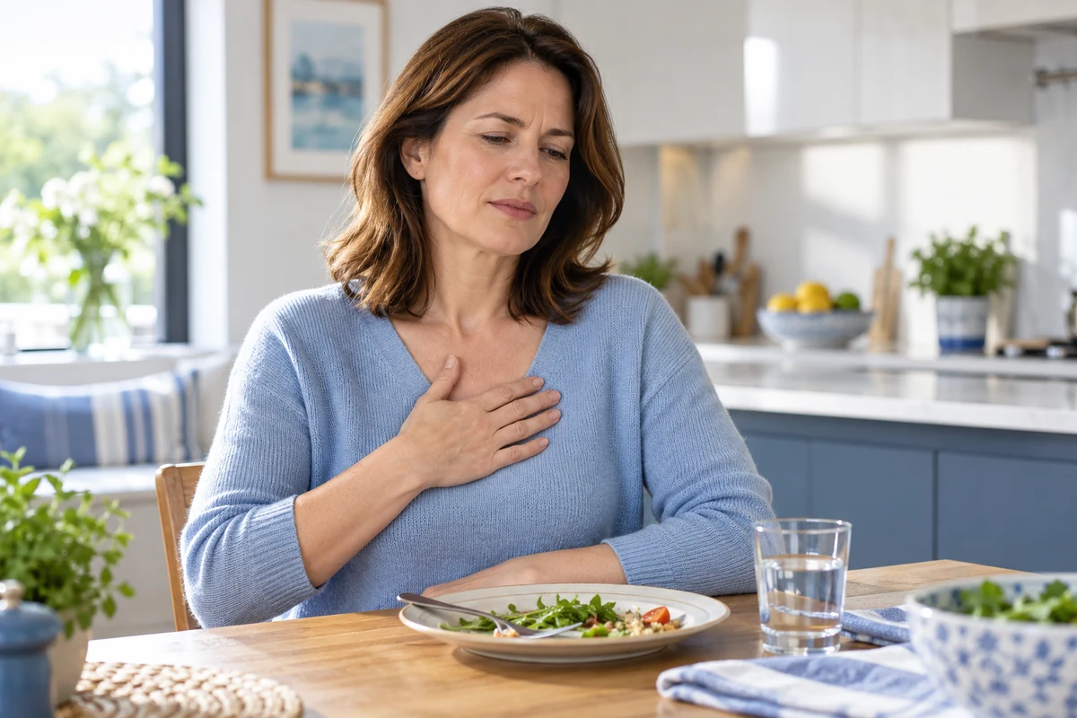 Woman seated at a kitchen table with a hand resting on her upper chest.