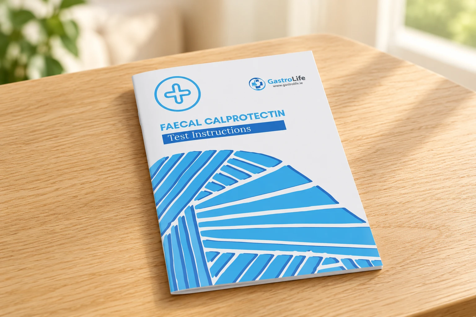 GastroLife Faecal Calprotectin Test Instructions booklet on a wooden table