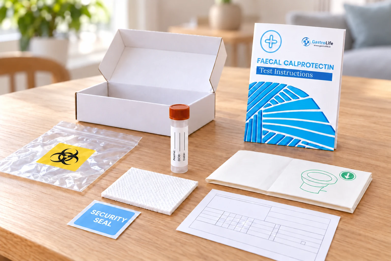GastroLife faecal calprotectin kit with orange-capped sample tube, manual, return box and security seal