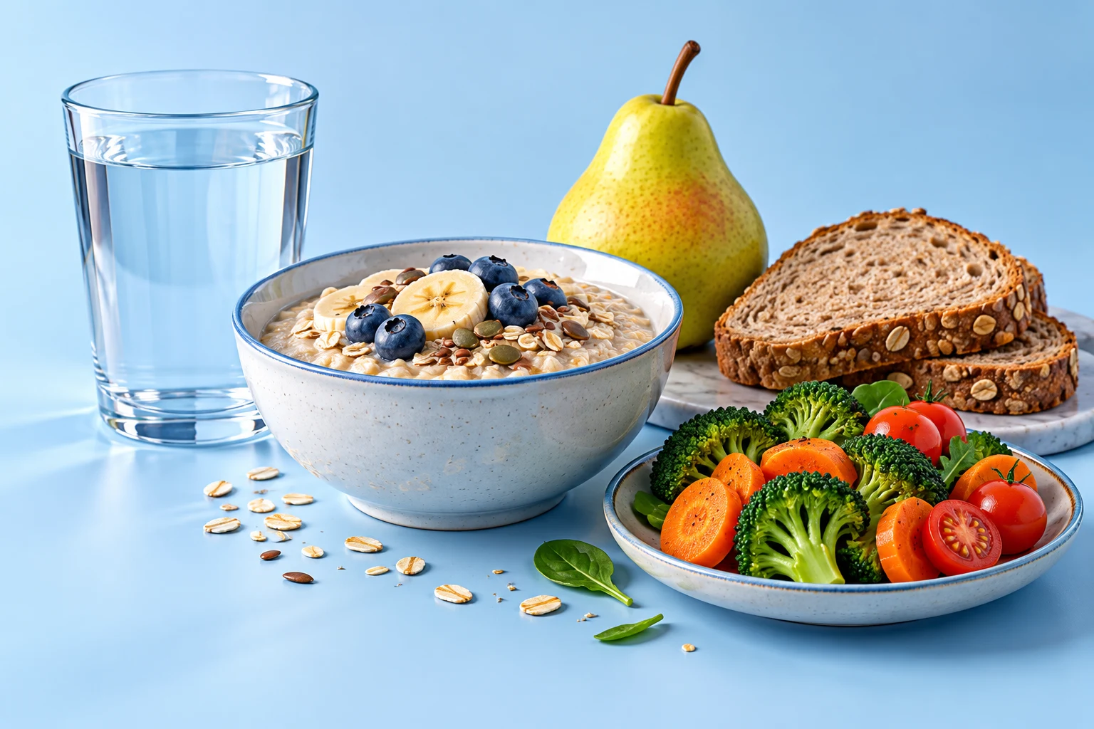 Water, oats, pear, wholegrain bread and vegetables