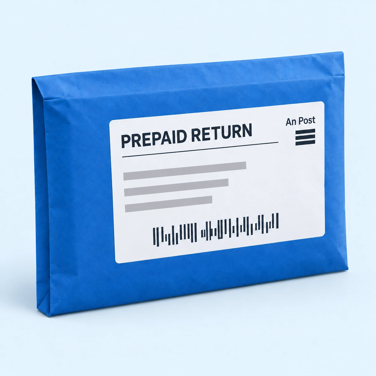 Blue envelope with a prepaid An Post return label