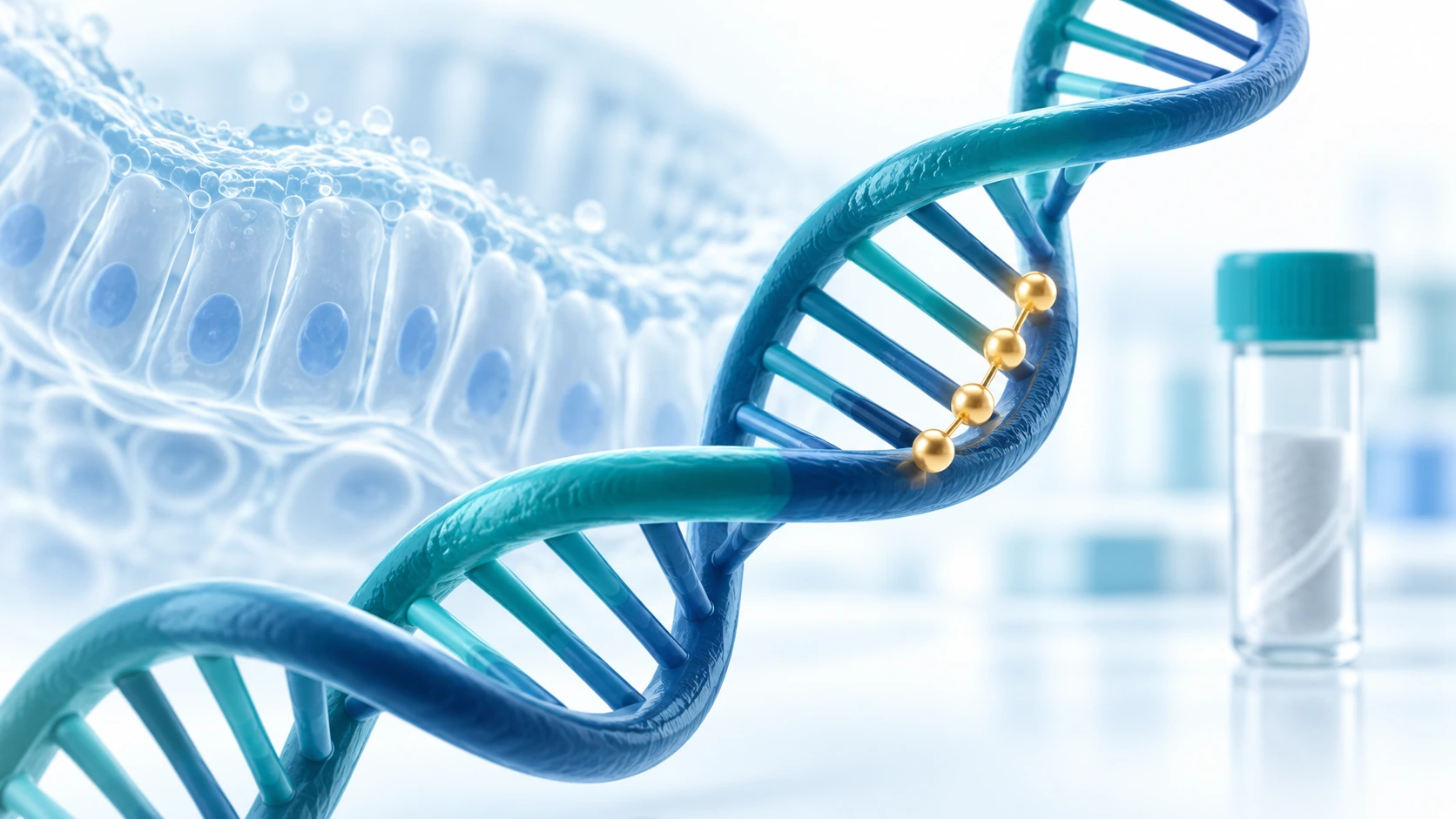 Conceptual illustration of DNA with gold chemical tags representing methylation, alongside bowel lining cells and a sample tube