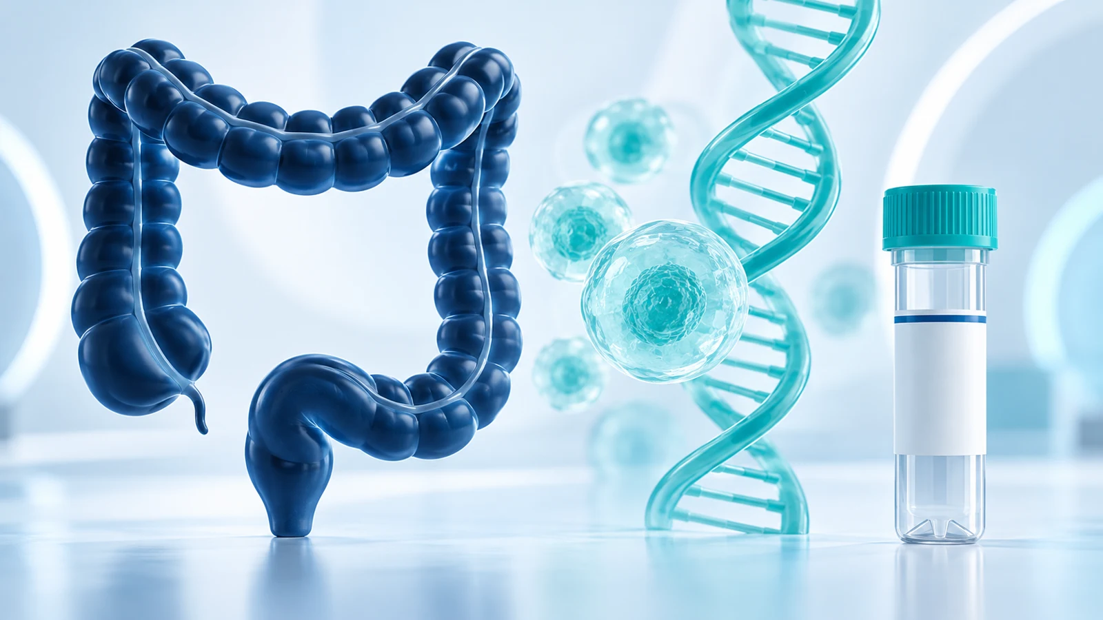 Illustration of the bowel, a DNA helix and a sample tube