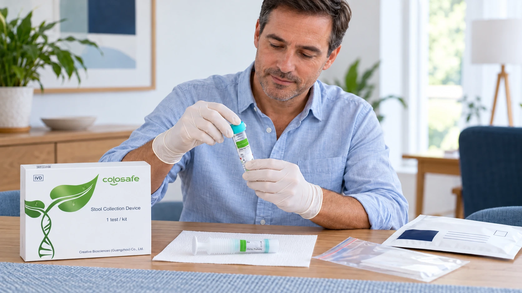 A person preparing the Colosafe sample collection kit at home