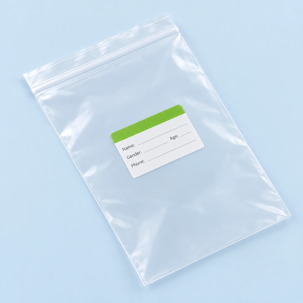 Clear ziplock bag with a details sticker