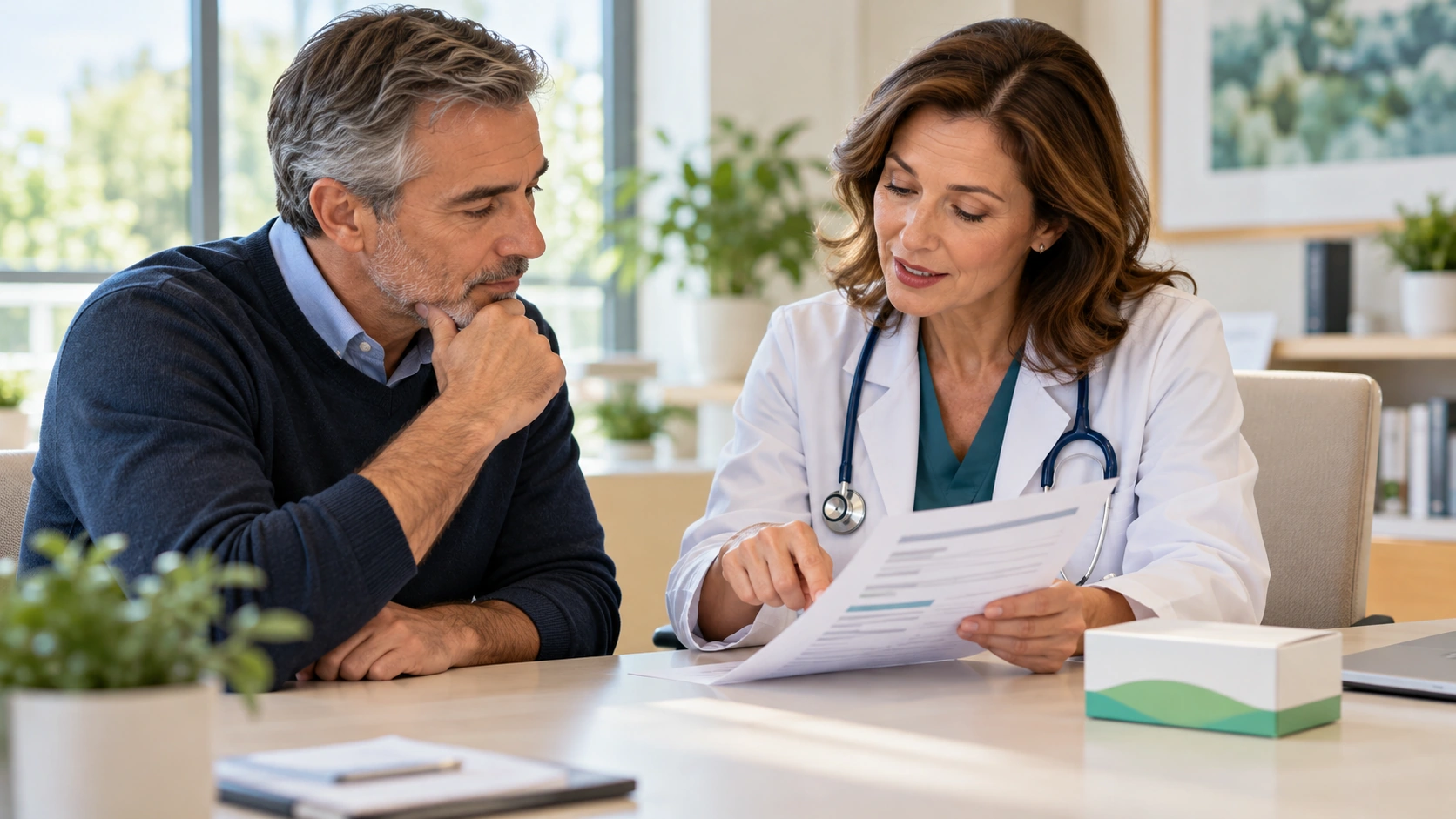 Illustrative image of a patient discussing a test report with a doctor