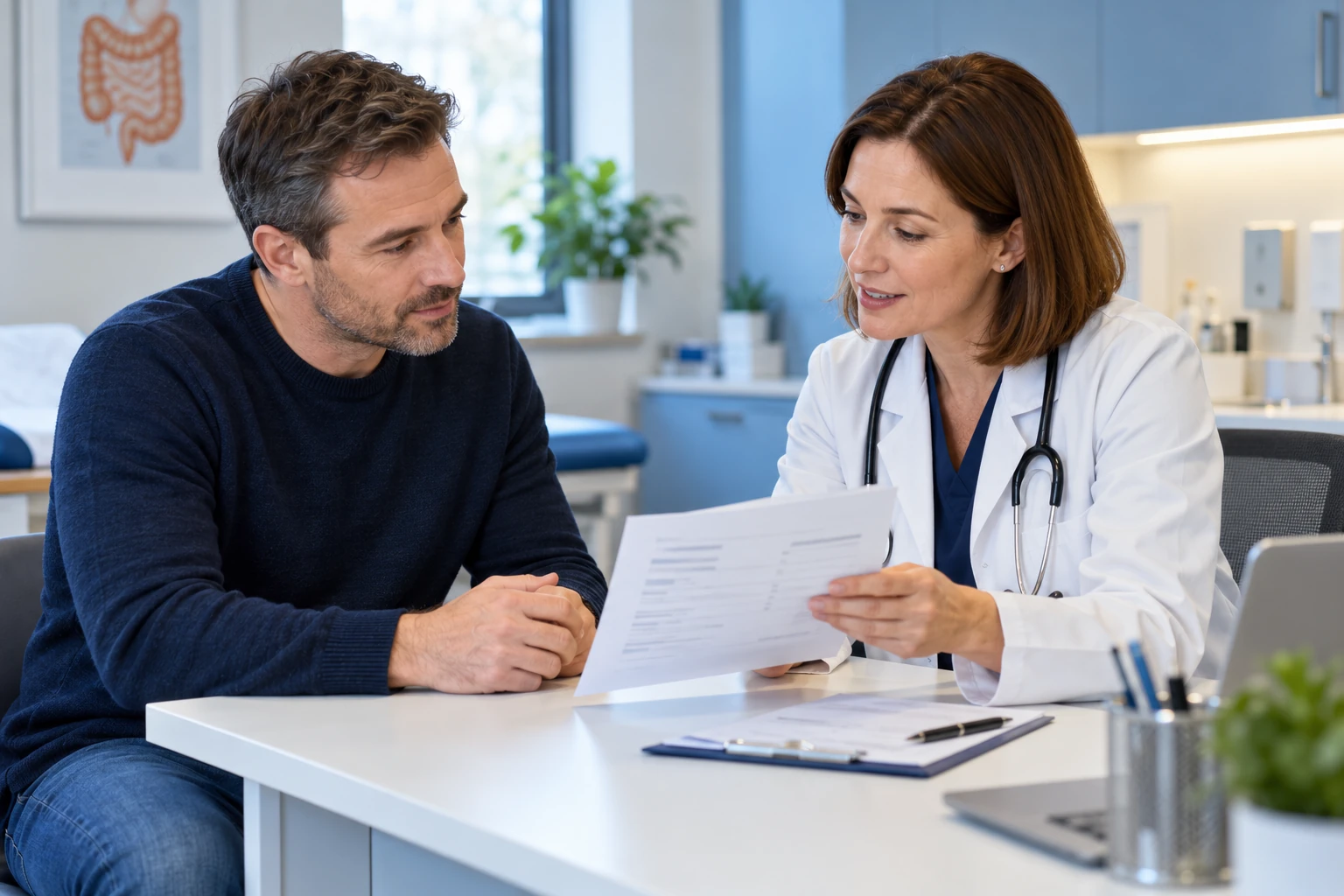 Patient discussing a digestive health report with a GP