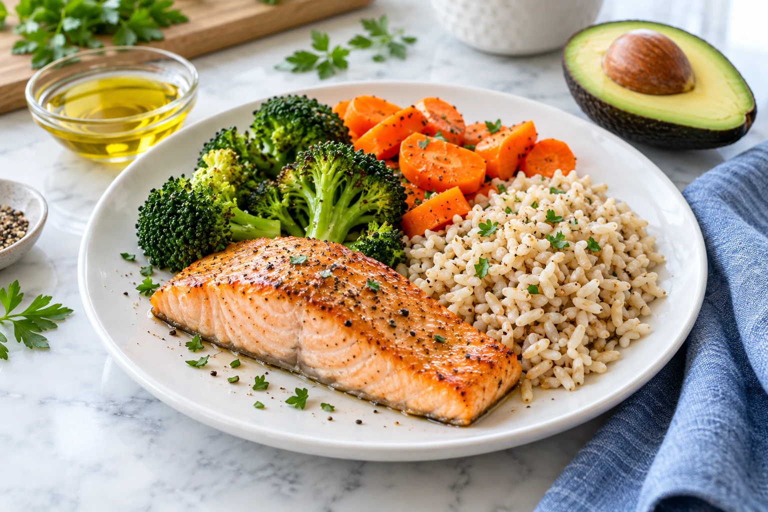 Balanced meal containing salmon, vegetables, rice and sources of dietary fat