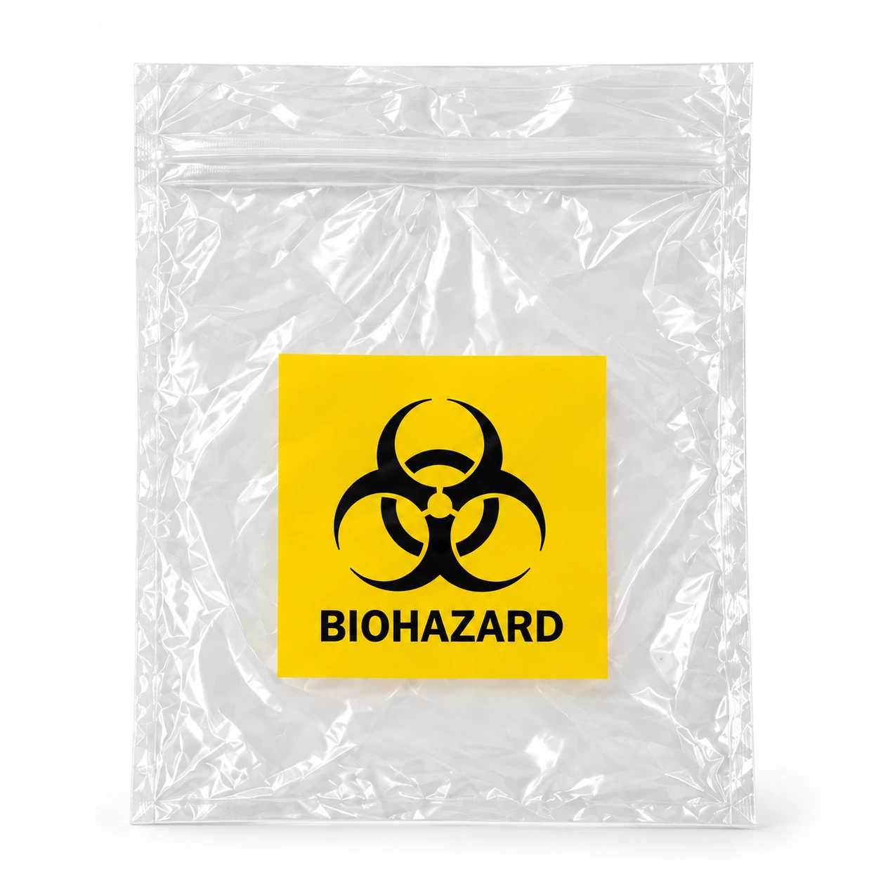 Clear resealable bag with a yellow biohazard label