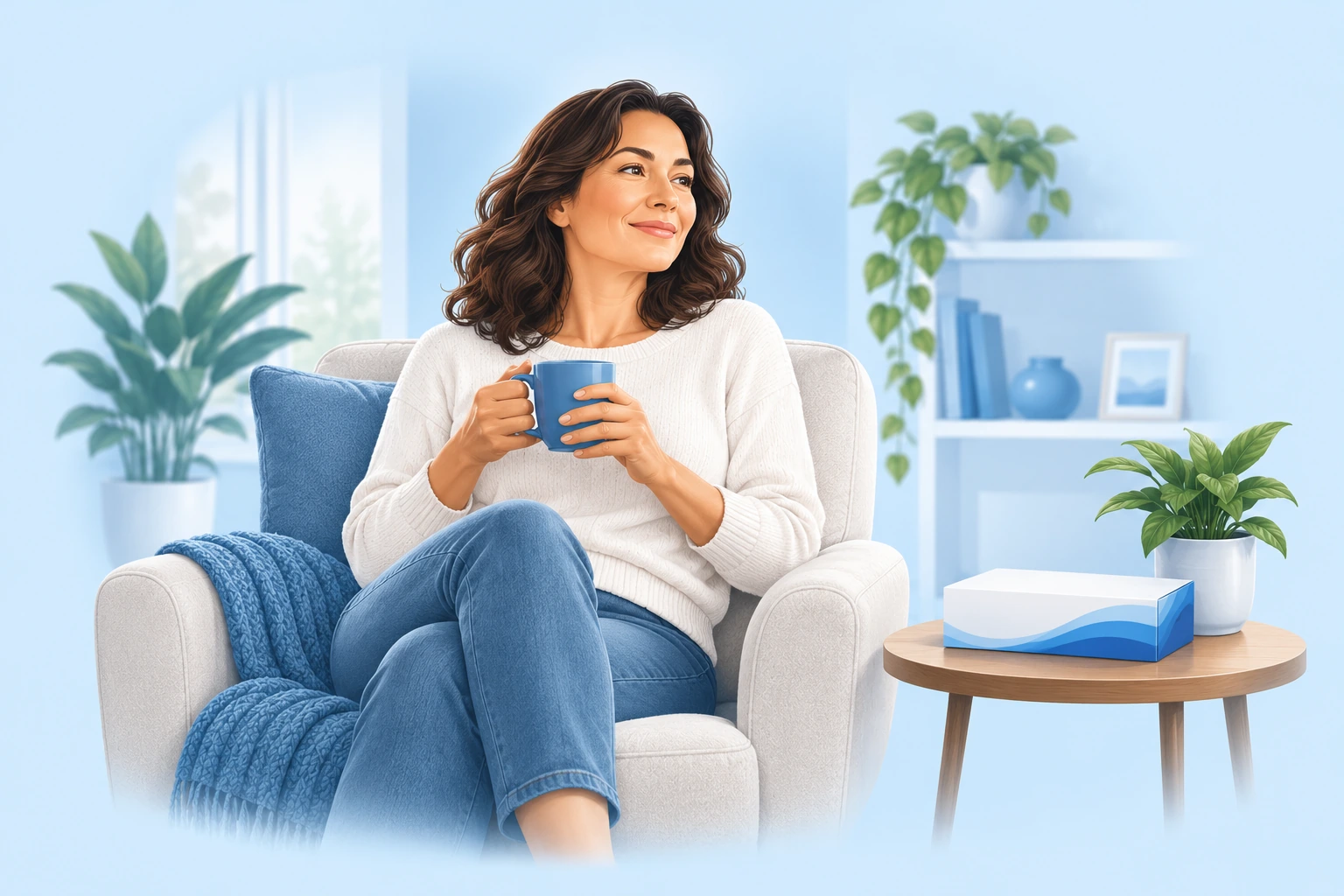 Person relaxing at home beside a testing kit