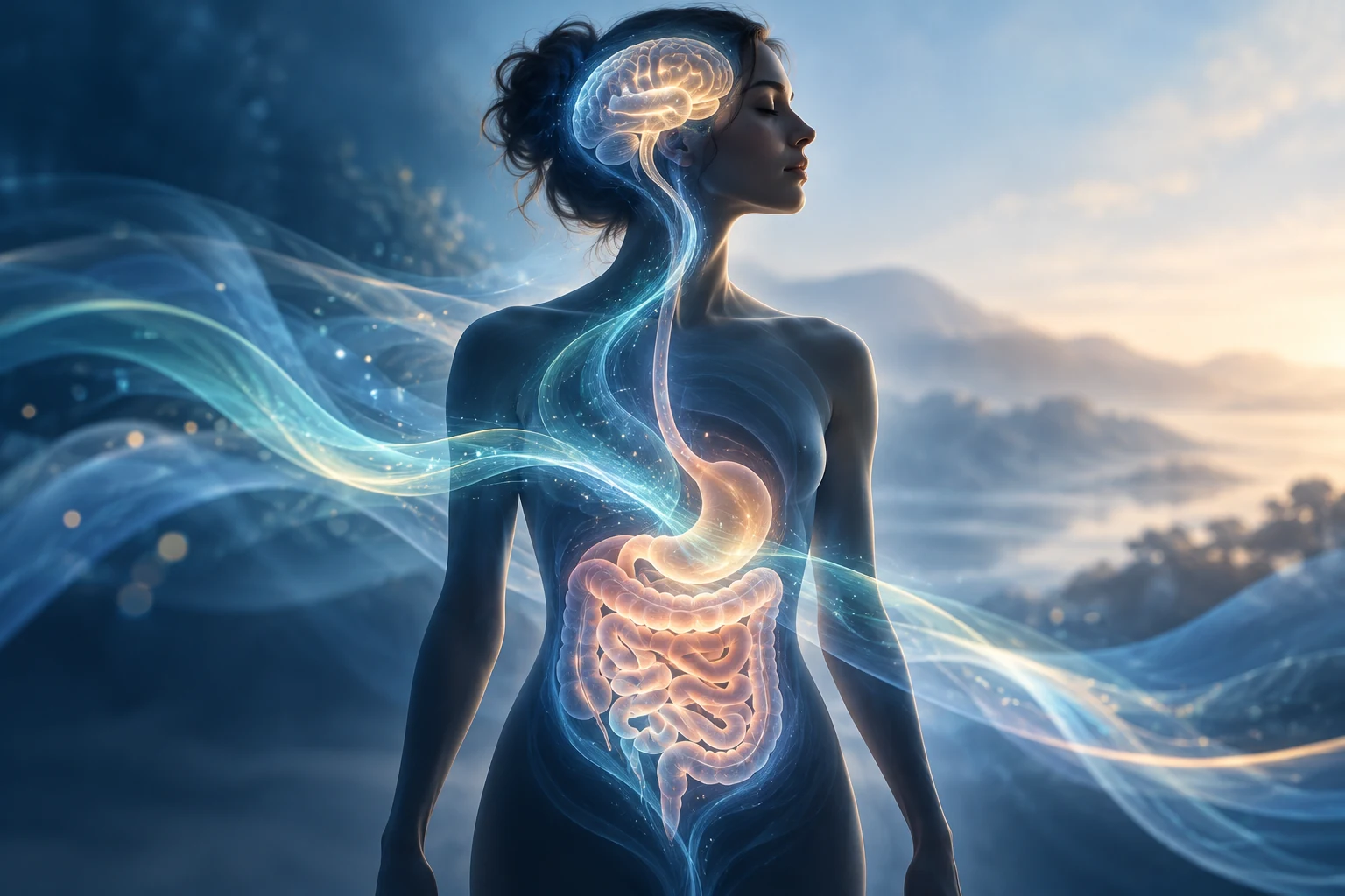 Conceptual illustration of communication between the brain and digestive system