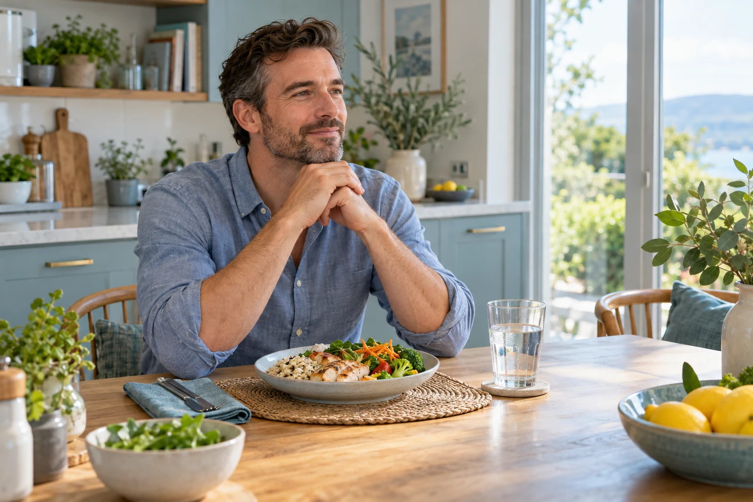Man taking a relaxed pause before lunch in a bright kitchen