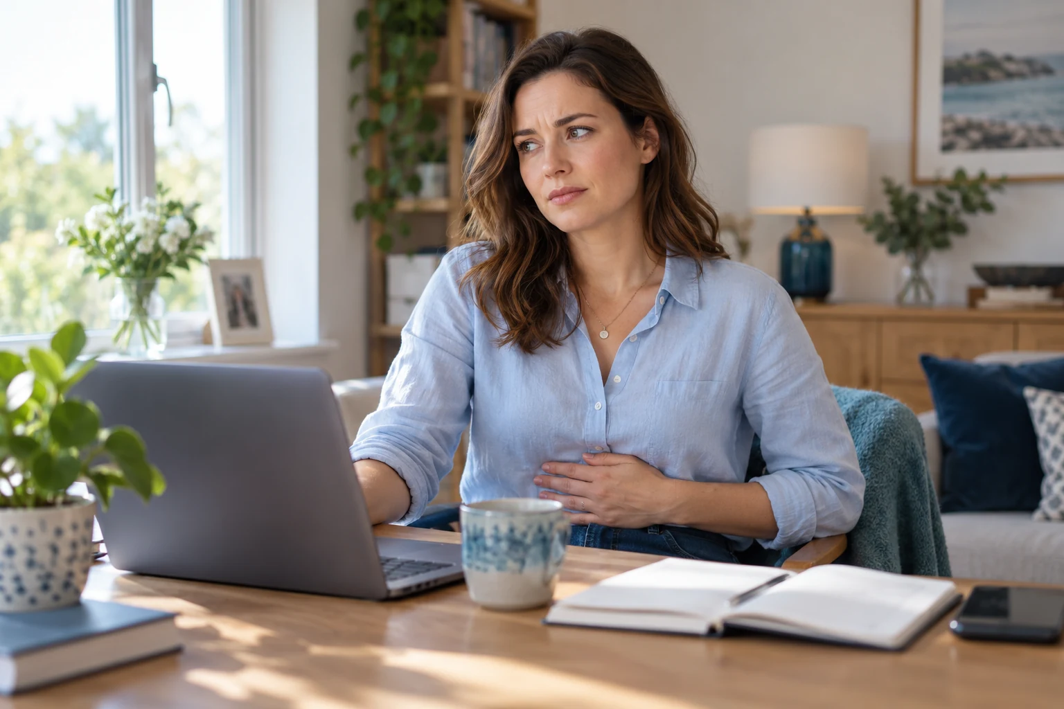 Woman pausing at her laptop with a hand resting on her abdomen