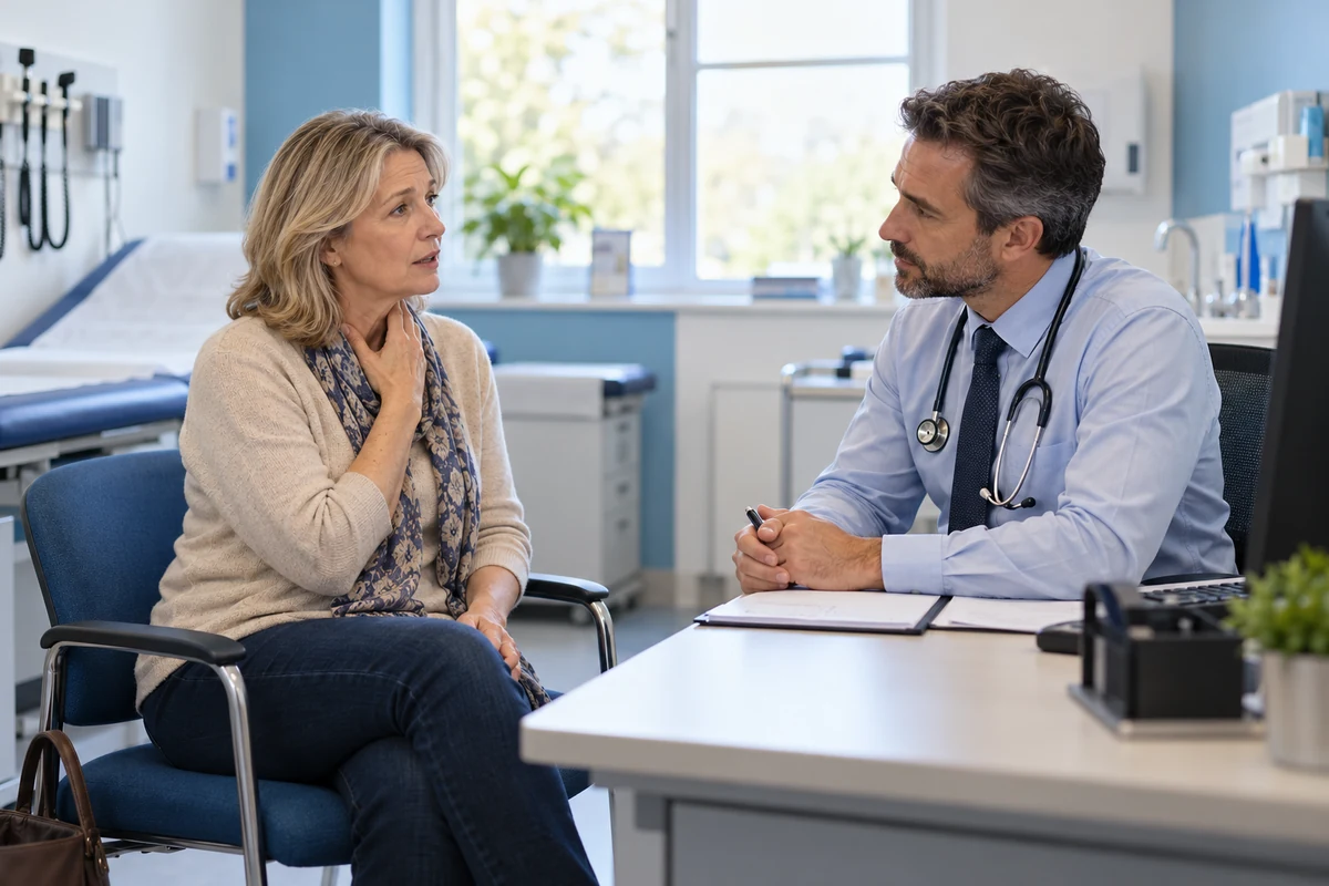 Patient discussing symptoms with a doctor during a consultation.