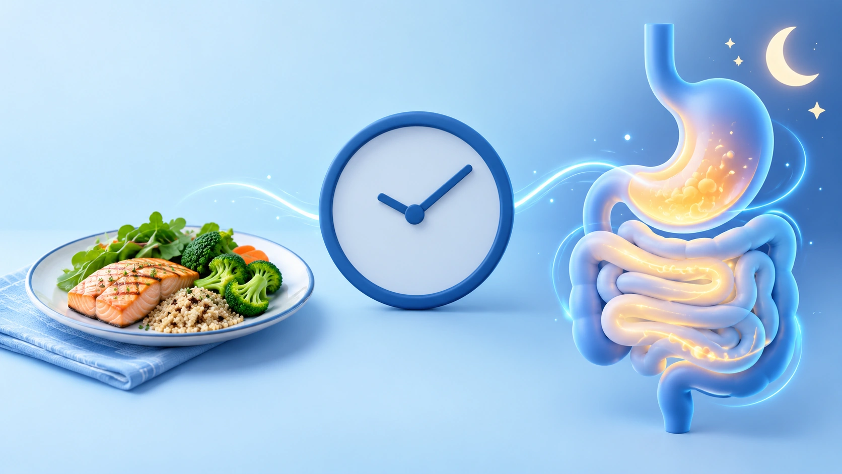 Meal plate, clock and digestive tract with a moon accent representing activity between meals and overnight.