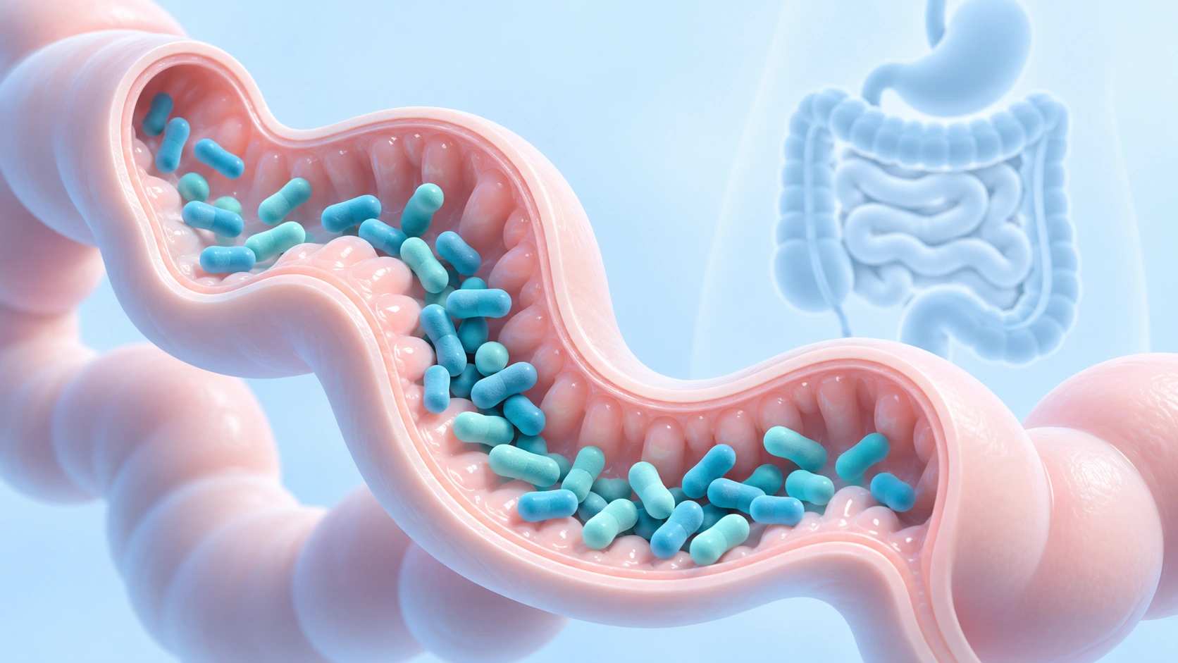 Conceptual cutaway of the small intestine showing bacterial accumulation.